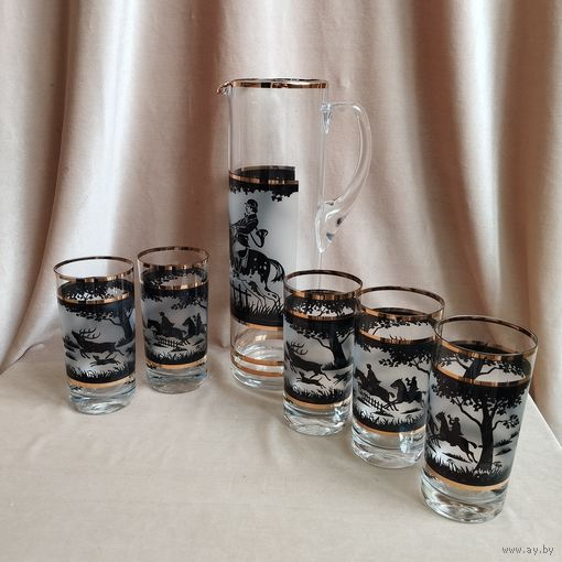 Кувшин Охота и 5 стаканов (300 мл). Чехословакия