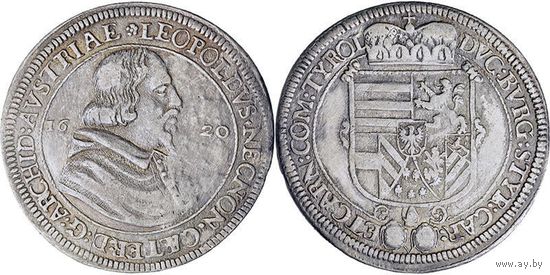 Супер редкий рейхсталер 1620 год ТИРОЛЬ Холл Эрцгерцог Леопольд 5 как губернатор 1619-1625 гг штемпеля Ханс Кристоф Аменде отличное состояние