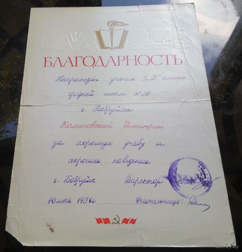 Благодарность Бобруйск 20-я школа