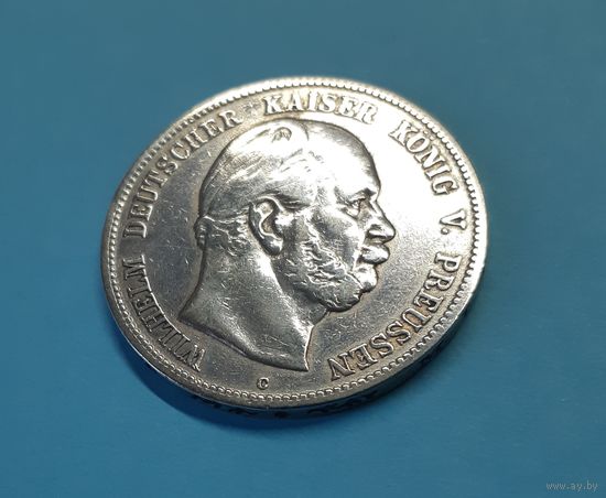 Германия. 1876 год. 5 марок. Вильгельм. Пруссия. Штемпельный блеск. Серебро