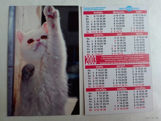 Карманный календарик 2003 год. Котик