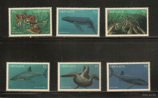 Гренада-1997(Мих.,3433-3438) , **  , Морская  Фауна, Киты, Акулы, Крабы