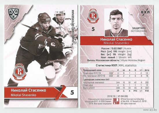 Николай Стасенко / "Витязь" Московская обл. / Основная серия 2018/19/ #VIT-BW-006/ Коллекция "SeReal Карточки КХЛ 2018-2019 Premium".