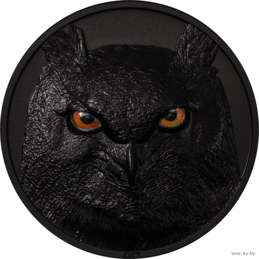 RARE Палау 10 долларов 2021г. "Охотники ночью - Филин". Obsidian Black. Монета в капсуле; подарочной рамке - футляре; сертификат; коробка. СЕРЕБРО 62,20гр.(2 oz).