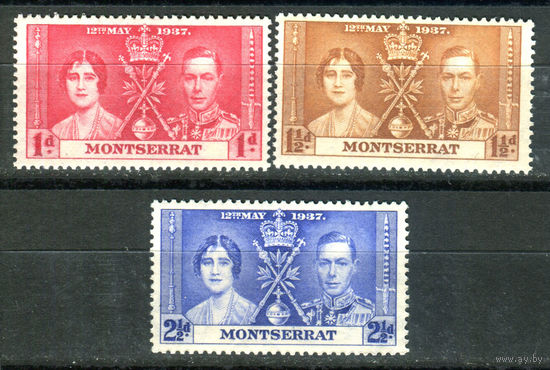 Британские колонии - Монтсеррат - 1937г. - коронация короля Георга VI и королевы Елизаветы - 3 марки - полная серия, MNH, 1 марка с незначительным дефектом клея [Mi 90-92]. #2-Bc-D-KS-4
