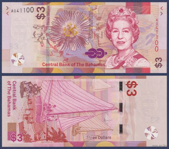 Багамские острова (Багамы), 3 доллара 2019 г., P-W78 (серия А, королева Елизавета II), UNC