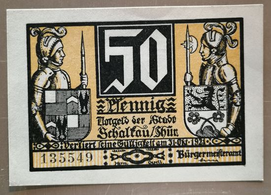 Германия, нотгельды, 50 пфеннигов 1921 год, Веймарская республика, город Шалькау (Тюрингия), S20.5, В2, вар. 1