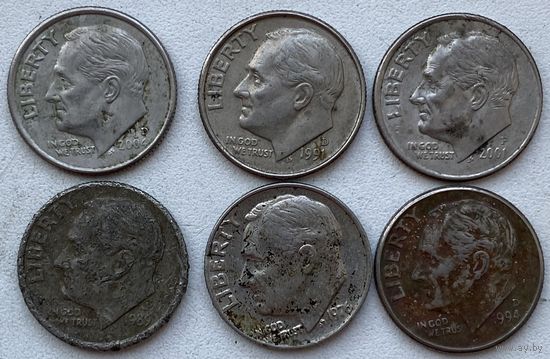 США 10 центов 1976, 1989, 1991, 1994, 2001, 2004 гг. Цена за 1 шт.