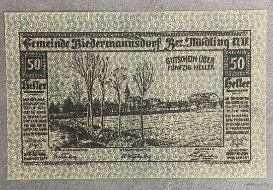 Нотгельд Австрия Бидермансдорф, 50 геллеров 1920 год.