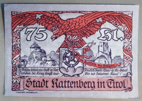 Германия, нотгельды, 75 пфеннигов, геллеров 1920 год, Раттенберг (RATTENBERG IN TIROL), вар. 1
