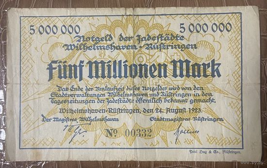 Банкнота 5 миллионов марок 1923 год. Вильгельмсхафен  Веймарская республика