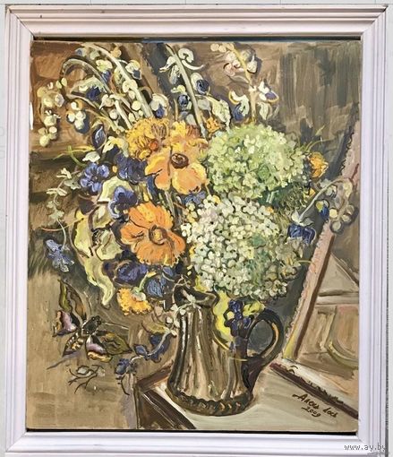 Лось Е.Г. "Натюрморт. Ассорти из домашних цветов", 2009 г. ДВП, масло. Размер 42,5х50 см.