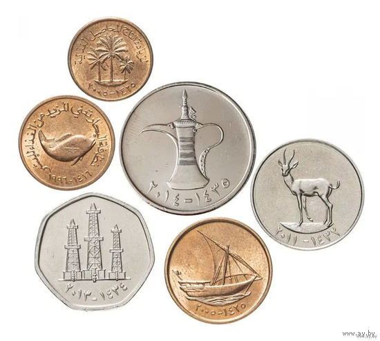 Арабские Эмираты (ОАЭ) набор монет 1, 5, 10, 25, 50 филсов и 1 дирхам, UNС. Кувшин. Корабль. Нефтяные вышки. Рыба. Сторгуй за свою цену, предложи обмен!