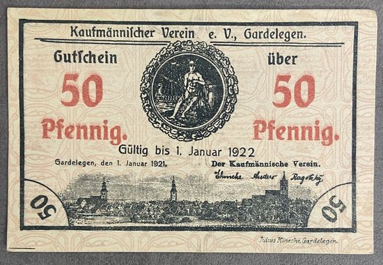 Нотгельд Гарделеген,50 пфеннигов 1922 год. Веймарская республика.