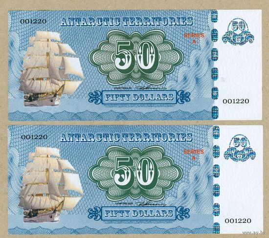 (UB) О.БУВЭ(Антарктика) 50 долларов 2011 ПРЕСС,2 купюры с одним номером,сбой нумератора,частный выпуск