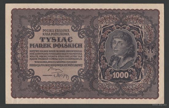 Польша 1000 марок 1919 года. Серия III AA. Тип P-29(3). Состояние aUNC