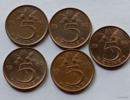 Нидерланды. 5 центов 1980 года.