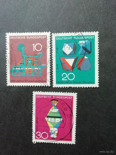 ФРГ 1968 Серия из трех марок "История развития науки и техники. 150 лет печатной машине, 100 лет микроскопам, 1000 лет добыче ископаемых Гарце" (гашеные без клея) Мi:546-548 каталог 0.60 евро