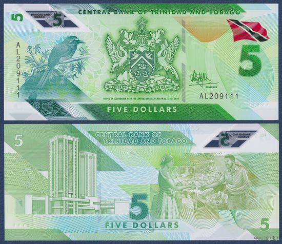 Тринидад и Тобаго, 5 долларов 2020 г, P-W61 (AL, полимер, cинекоронный мотмот), UNC