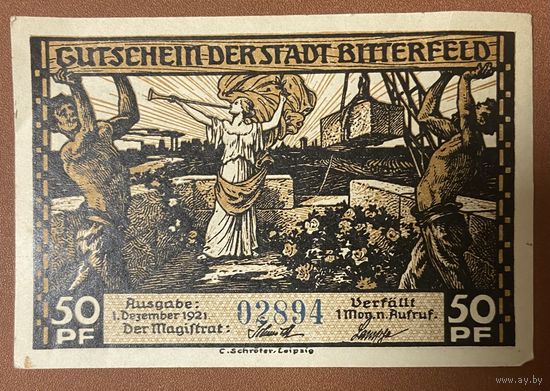 Нотгельд 50 пфеннигов 1921 год. Биттерфельд. Веймарская республика
