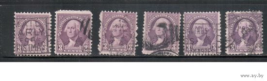США-1932, (Мих.350А), гаш.    , Президенты, Вашингтон(одиночка), 6 марок-разл. гашения
