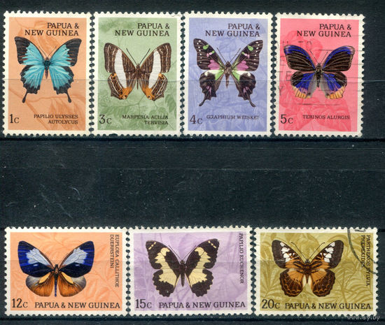 Британские колонии - Папуа Новая Гвинея - 1965г. - бабочки - 7 марок - гашёные, MH, чистая, без клея, номинал 20 с вмятинками. #3-WB-98-KS-1