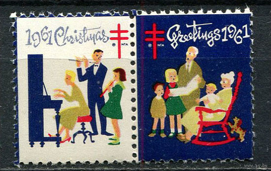 США - 1961 - Рождество и Новый год - сцепка - 2 виньетки. MNH.  (LOT Gd19)-T10P37