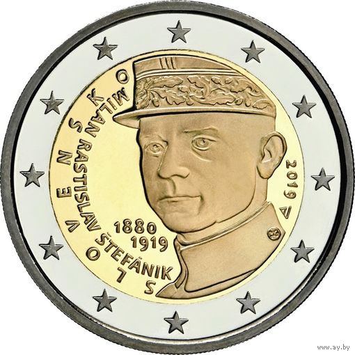 2 евро Словакия 2019 100 лет со дня смерти Милана Растислава Штефаника UNC из ролла