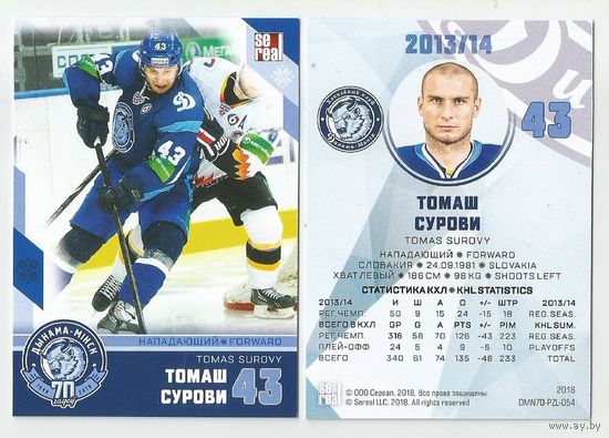 Томаш Сурови / "Динамо" Минск/ Коллекция "SeReal Карточки ХК "Динамо" Минск 2008-2018".