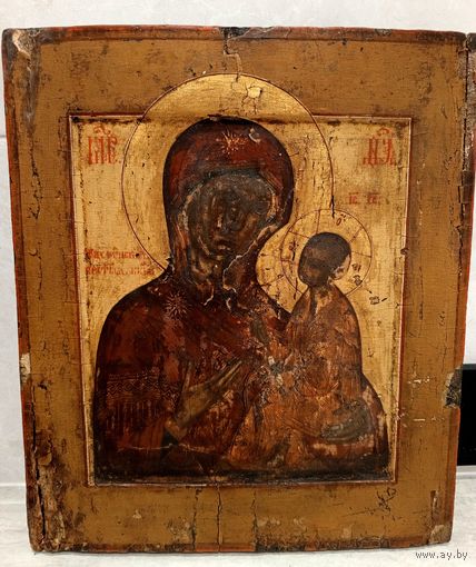 Антикварная Икона "Тихвинской Богородицы", ковчег, левкас, темпера, золото, 18-19 век, 33х28 см