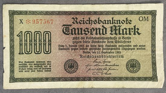Банкнота 1000 марок 1922 год. Веймарская республика.