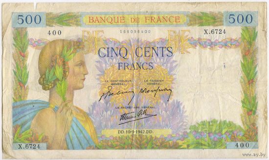 500 франков 10.09.1942 год. Франция, III Рейх, оккупация,  большая купюра 190*110 мм
