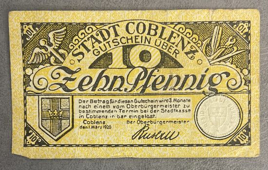 Нотгельды 10 пфеннигов 1920 год. Кобленц. Веймарская республика