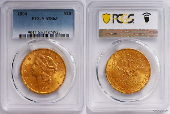 20 долларов 1904 г. Двойной орел. США. PCGS MS 63. Золото. KM# 74.3