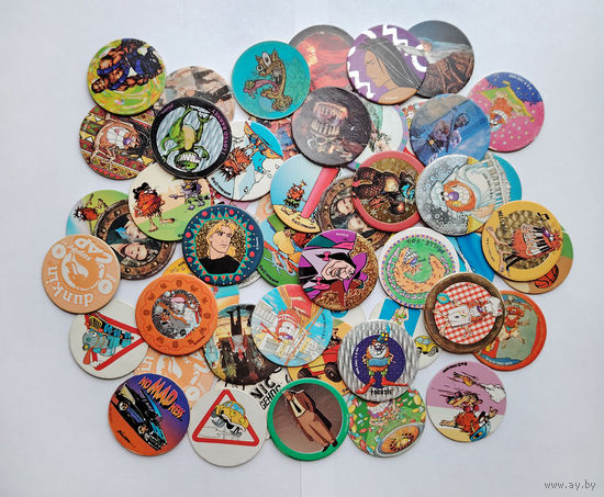 Фишки из 90-х Pog, Pocahontas, Barbie, Mortal combat, Sonic, Trafic, Power rangers...