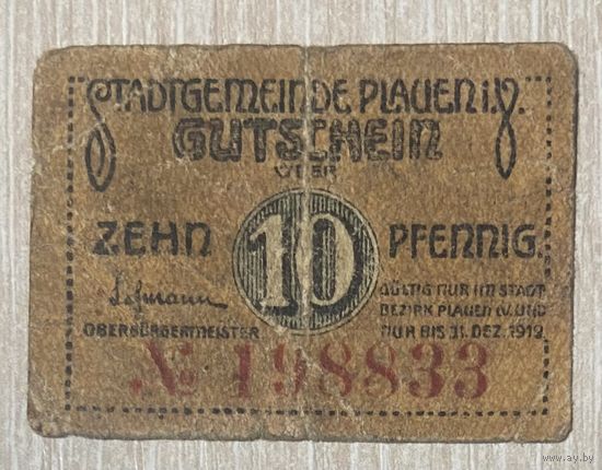 Нотгельд Плауэн, 10 пфеннигов, 1919 год Веймарская республика.