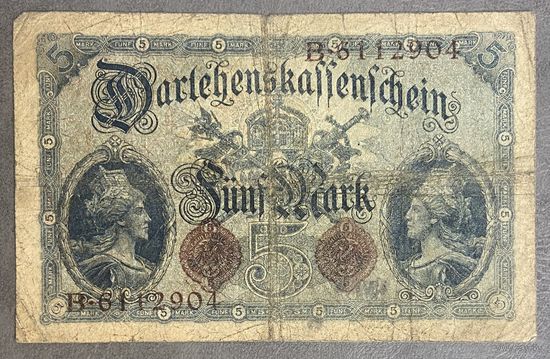 Банкнота 5 марок 1914 год. Германская империя. С рубля без МЦ