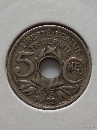 Франция.5 сантимов 1922 г.Хорошая.В холдере.
