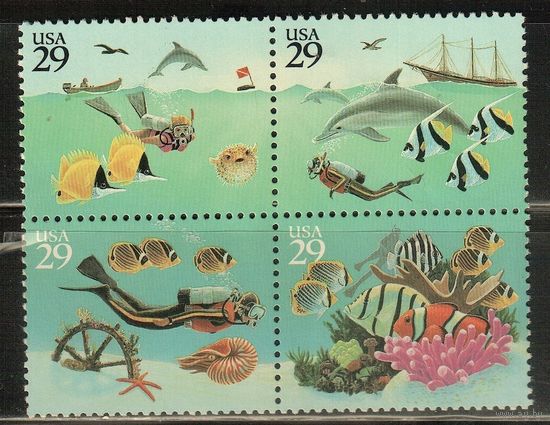 США-1994, (Мих.2500-2503) ** , Морская фауна, Рыбы, Дайвинг (полная серия)