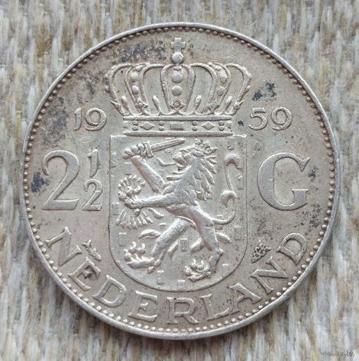 Нидерланды 2 1/2 гульдена 1959 года, AU. Королева Юлиана. Серебро. Сторгуй за свою цену, предложи обмен!