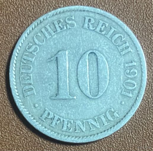 Монета 10 пфеннигов 1901 год. Германская империя. J Монетный двор Гамбург