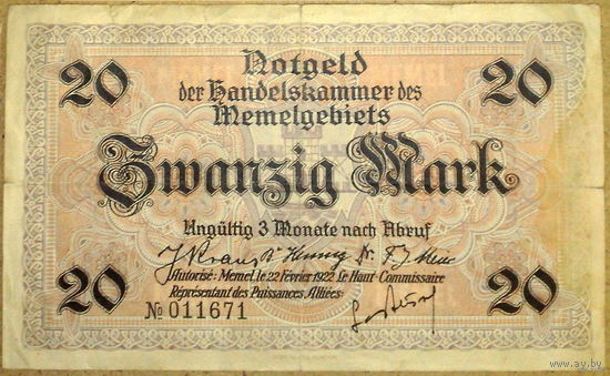 Мemel (Клайпеда) 20марок 1922г. RRR