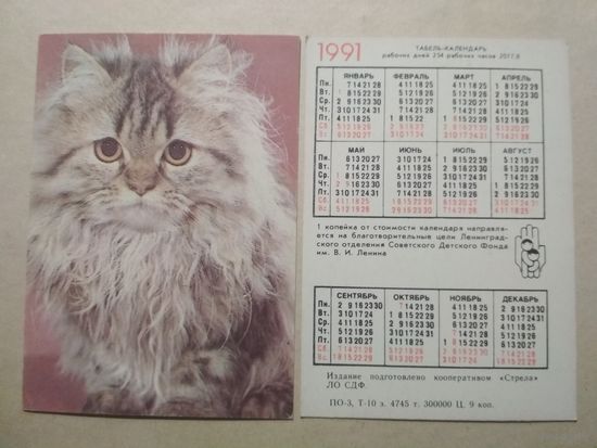 Карманный календарик. Котик. 1991 год