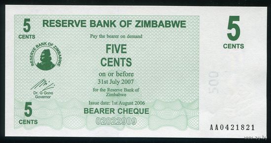 Зимбабве 5 центов 2007 г. P34. Серия AA. UNC