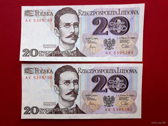20 злотых, серия AК,  1982 года -- UNC, Пресс -- 2 шт Пара