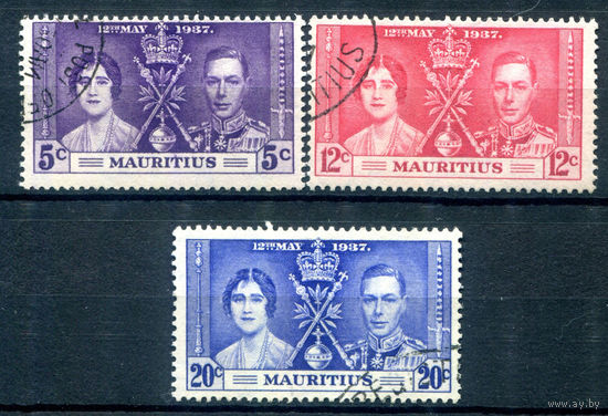 Британские колонии - Маврикий - 1937г. - коронация короля Георга VI и королевы Елизаветы - 3 марки - полная серия, гашёные [Mi 200-202]. #2-Bc-52-A-1