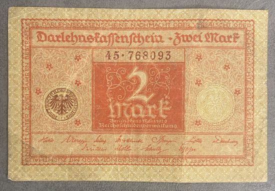 Банкнота 2 марки 1920 год. Веймарская республика.