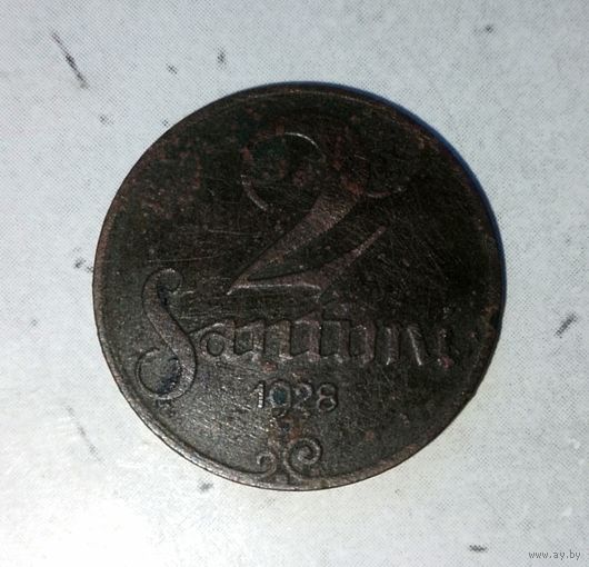 2 сантима 1928 года Латвия. Первая Республика. Красивая родная патина! Единственная на аукционе!