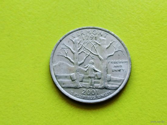 США. 25 центов (квотер, 1/4 доллара) 2001 D. Вермонт. Серия "50 штатов" ("Штаты и территории").