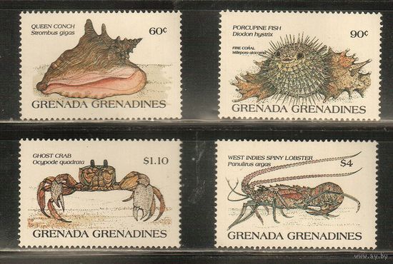 Гренада-Гренадины-1985(Мих.703-706) , **  , Морская  Фауна,  Раковины, Крабы(полная серия)